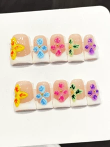 10片手工鸭嘴美甲贴纸，彩虹韵律夏日缤纷花卉手绘活力少女野性风，鸭嘴美甲贴纸，易于佩戴。10片Y2K风格手工美甲贴纸，适合女孩和女性在节日、派对、音乐节、日常佩戴、情人节、母亲节等场合作为礼物。按压式美甲贴纸。 - 彩色 - 查看 9