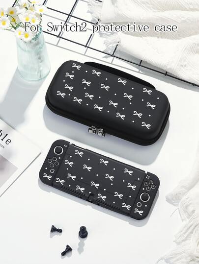 1 pieza Funda protectora con lazo blanco y estampado de lunares compatible con 2da generación (2025), Switch/Switch NS/Switch OLED/Lite, accesorios de consola de juegos Switch, juego completo que incluye bolsa de almacenamiento, ranura para tarjetas, base, mejor regalo compatible con jugadores de Switch