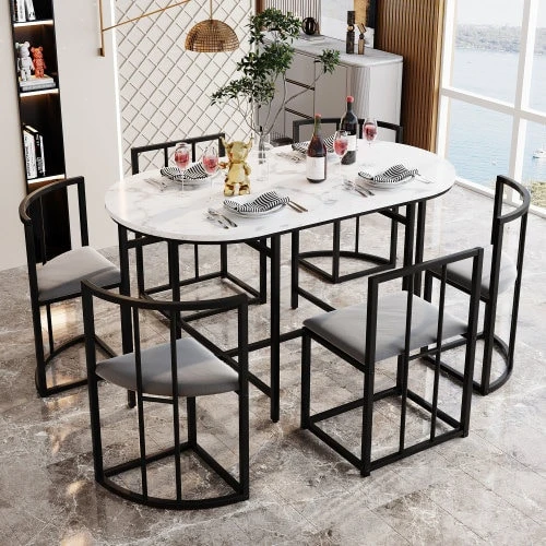 Table And Chair Set For Six People: (White Table, Chair With Grey Backrest And Cushion, Black Iron Frame), Table And Chair Set, Modern Table And Chair Combination (Original Reference: 308399408AAS) - Black - View 1