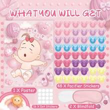 可爱的粉色婴儿派对游戏——给宝宝贴奶嘴海报套装，包含贴纸和眼罩，适合女宝宝生日派对 - 彩色 - 查看 7