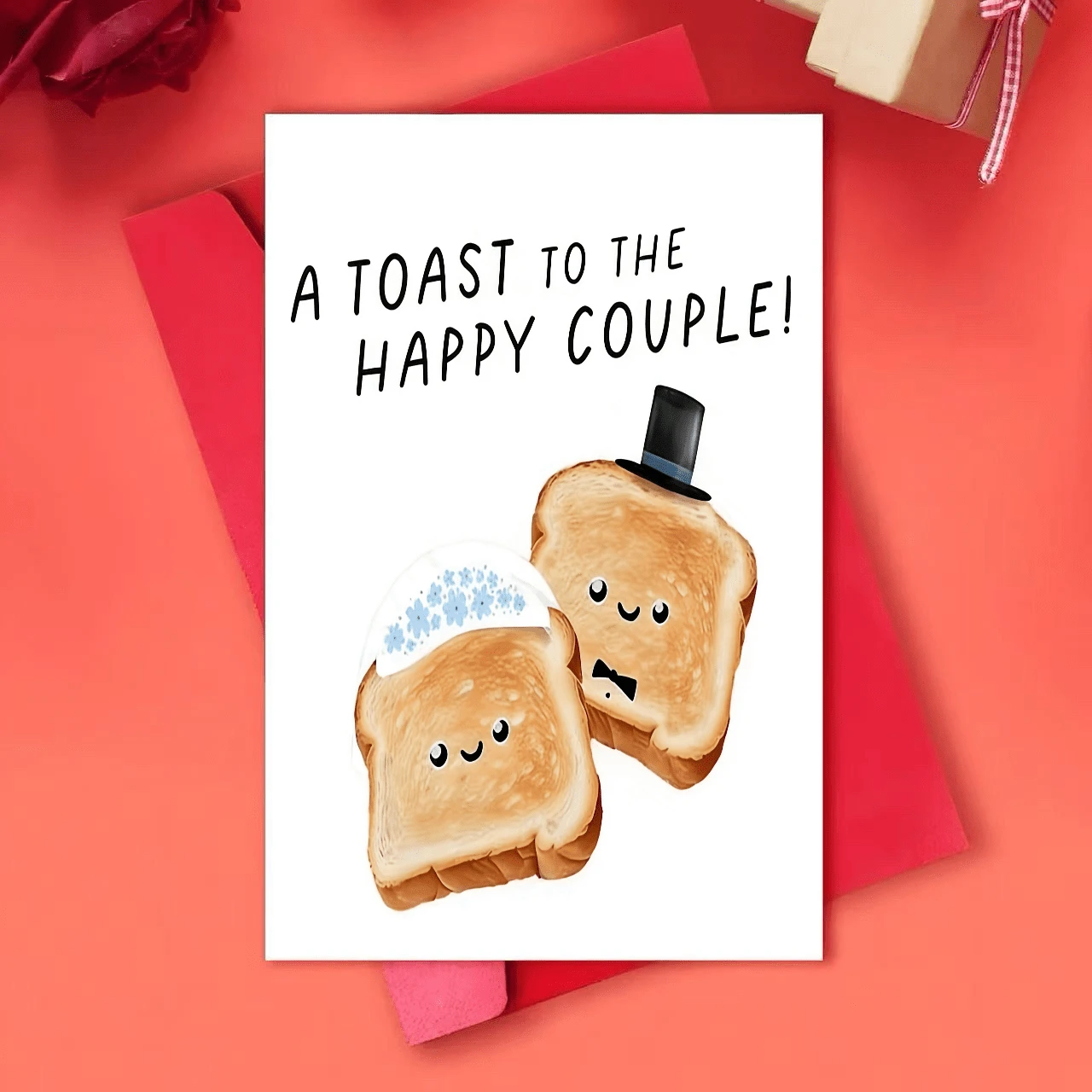 Elegant Wedding Card For Couples, Friends & Family - "Cheers To The Happy Couple!" Whimsical Toasting Bread Illustration, High-Quality Paper, Perfect For Weddings & Special Occasions - One Size Fits All - View 1
