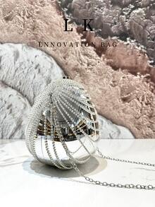 1pc New Luxury Gold Diamond Tassel Handbag, European And American Style Egg-Shaped Evening Clutch Bag, Suitable For Party, Banquet, Wedding - 彩色 - 查看 6