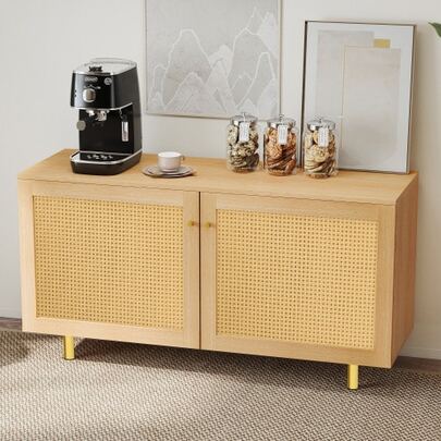 Woven Vine Sideboard, Double-Door Storage Unit, Rustic Style, Ideal For A Restaurant. Natural Wood Look. Dimensions: Height 63 Cm, Width 120 Cm, Depth 40 Cm.