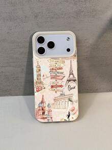 1pc Fashion Hand-Painted Paris Eiffel Tower & Clock Travel Collage Pattern Litchi Texture Shockproof Anti-Slip Soft Phone Case Compatible With Apple, Phones - Multicolor - View 1