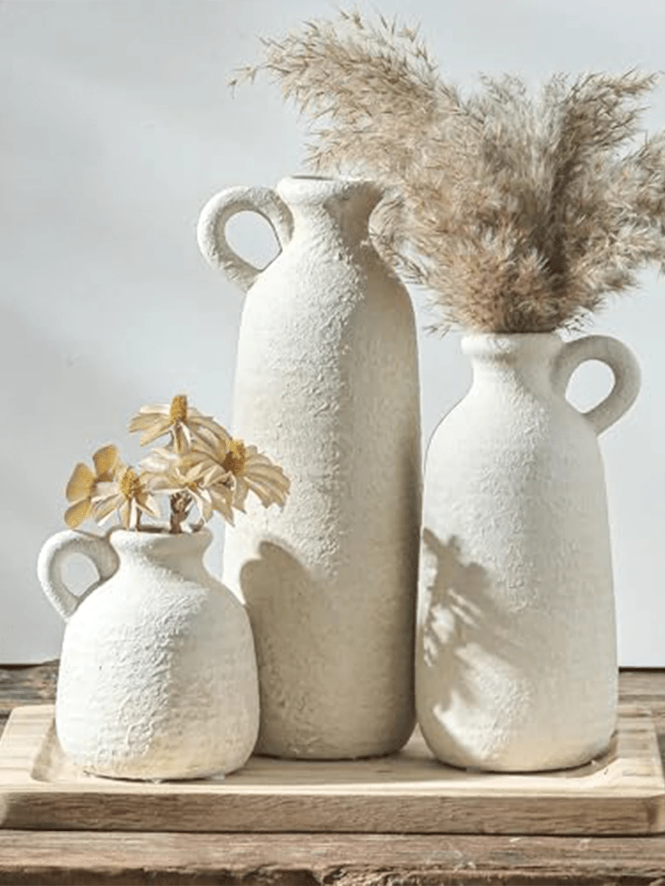 白色陶瓷花瓶套装 - 简约家居装饰，适用于客厅、餐桌和玄关 | 可搭配波西米亚风干花和小花束 | 耐用手工花瓶，可摆放在桌面、架子和壁炉旁 - A - 查看 1