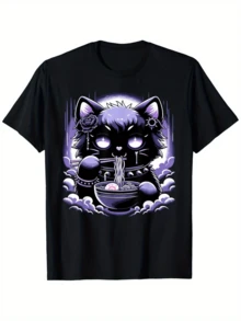 Camiseta Estética Pastel Goth con Diseño de Gato Kawaii Comiendo Ramen - Camiseta Gráfica 100% Gótica Kawaii Anime con Diseño de Gato Tierno y Tazón de Ramen, Unisex, Casual, de Manga Corta y Cuello Redondo para Hombres y Mujeres (Tallas S-XXXL) - Comodidad para Todas las Temporadas, Ropa Inspirada en Manga Japonés, Tela de Elasticidad Media, Patrón Geométrico, Lista para Usar, Estética Pastel Goth con Ojos Brillantes y Fondo Morado, Camiseta Gráfica para Hombres, Camiseta Gráfica para Hombres, Camiseta Chri Brown, Camiseta Gráfica para Hombres, Camiseta para Hombres, Camiseta Vintage. - Negro - Ver 1