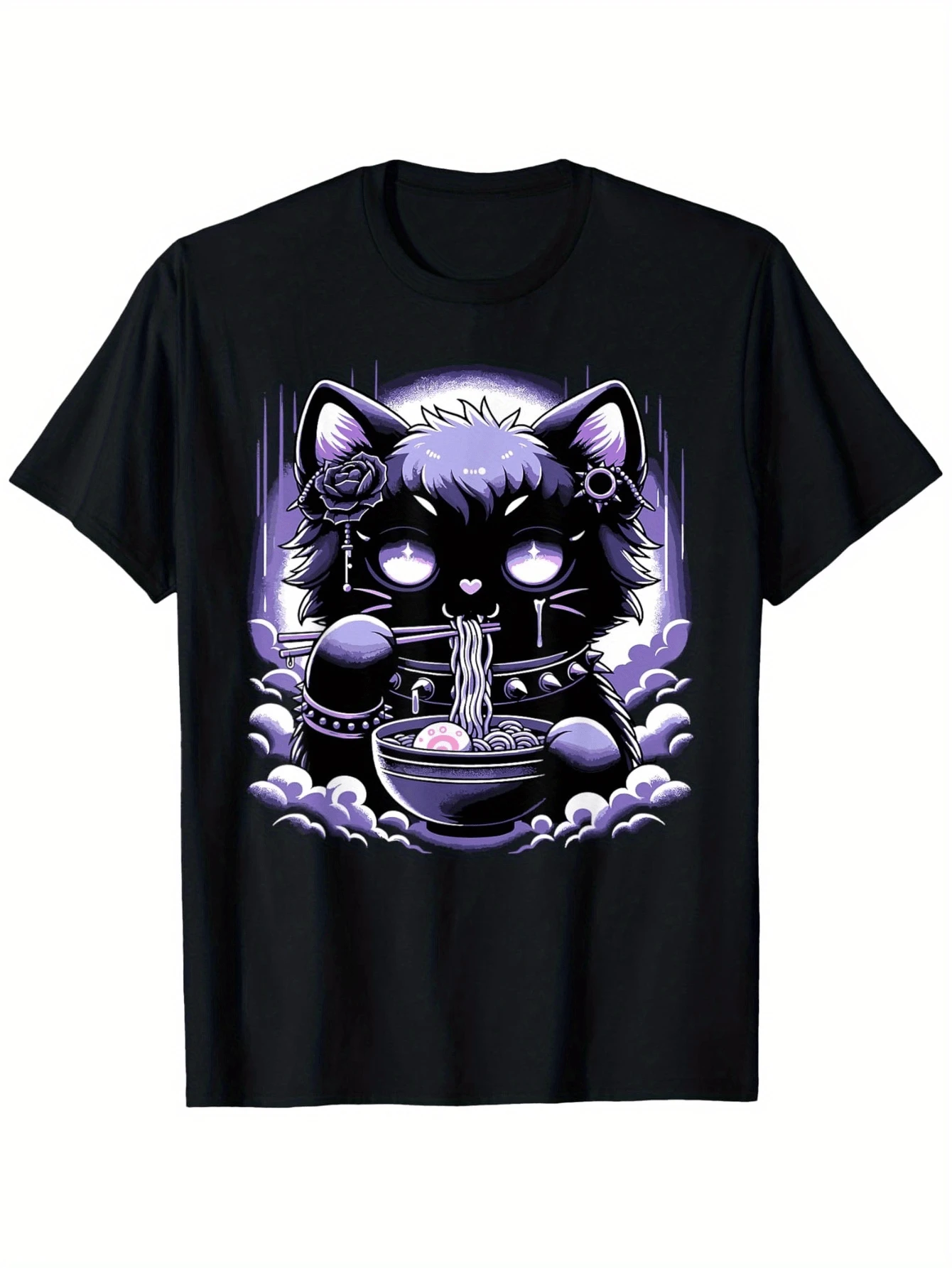 Camiseta Estética Pastel Goth con Diseño de Gato Kawaii Comiendo Ramen - Camiseta Gráfica 100% Gótica Kawaii Anime con Diseño de Gato Tierno y Tazón de Ramen, Unisex, Casual, de Manga Corta y Cuello Redondo para Hombres y Mujeres (Tallas S-XXXL) - Comodidad para Todas las Temporadas, Ropa Inspirada en Manga Japonés, Tela de Elasticidad Media, Patrón Geométrico, Lista para Usar, Estética Pastel Goth con Ojos Brillantes y Fondo Morado, Camiseta Gráfica para Hombres, Camiseta Gráfica para Hombres, Camiseta Chri Brown, Camiseta Gráfica para Hombres, Camiseta para Hombres, Camiseta Vintage. - Negro - Ver 1