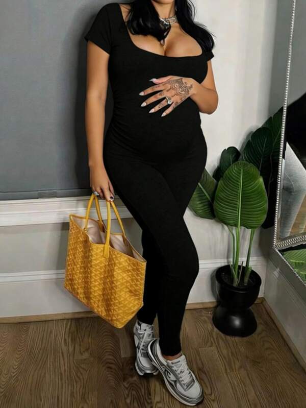 Parara Maternity Short Sleeve Jumpsuit, Tight-Fitting & Comfortable, Suitable For All Seasons, Fashionable Layering, Sporty Casual, Date Night, Daily Wear, Halloween Outfit