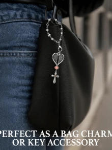 Mặt dây chuyền hình trái tim, cánh và thánh giá hộ mệnh - Phụ kiện trang trí xe hơi/vô lăng/túi xách, màu bạc với pha lê hồng, thanh lịch cho nội thất xe và túi xách. - A - Xem 3
