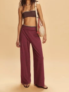 Women's 2 Piece Striped Sets Strapless Crop Top Elastic Waist Wide Leg Long Pants Y2k Casual Comfy Loungewear Set Summer Streetwear Vacation Outfit - 紅色 - 查看 4