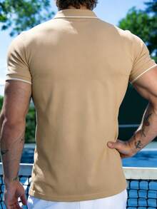 男士白色飾邊領 Polo 衫，修身彈性短袖上衣，休閒網球/高爾夫風格卡其布料，夏季戶外運動 Polo 衫 - 卡其色 - 查看 5