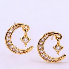 1 set de collier pendentif en acier inoxydable avec chaîne, strass, étoile et lune, et boucles d'oreilles assortis. Conception élégante et polyvalente de luxe. Accessoires cadeaux - Doré - Voir 4