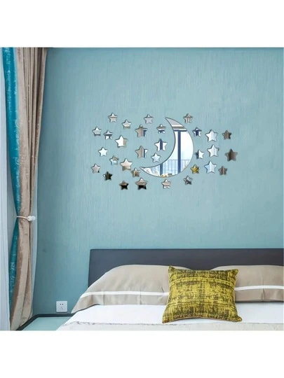 32片月亮和星星形状装饰镜面贴纸，1毫米厚亚克力材质镜面贴纸，银色装饰镜面贴纸，适用于家居装饰