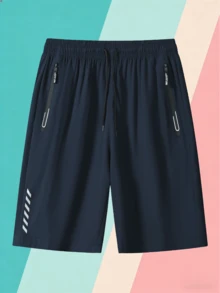 Novos Lançamentos para Todas as Estações, e Shorts Esportivos Casuais Unissex Frescos para Homens e Mulheres. Com Cordão na Cintura e Bolsos Laterais Duplos com Zíper. Esportes - Azul Marinho - Visão 2