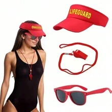 1/2/3/4/5 Pcs Summer Lifeguard Costume Accessories Set, Holiday Fun Role Play, Beach Sun Hat, Red Stylish Sunglasses, Whistle, Surfboard Waist Bag, Beach Vacation Party - Multicolor - View 2