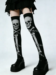 1双女士哥特骷髅荆棘印花过膝袜，Y2K甜美性感大腿袜，街头风长袜，适合JK洛丽塔角色扮演 - 彩色 - 查看 6