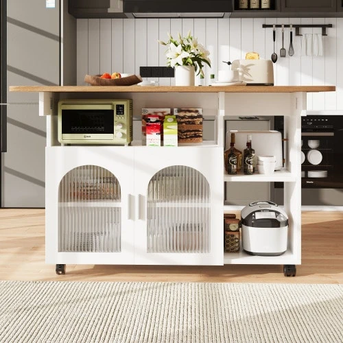 Kitchen Island, Modern Kitchen Island, Cabinets, Removable Serving Cart, Sideboard, Wood-Effect Serving Cart, Buffet, Multifunctional Table With Storage Space, White - White - View 1