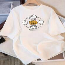 Camiseta Casual de Manga Corta para Mujer - 100% Algodón, Corte Holgado, Cuello Redondo con Lindo Estampado de Oso de Dibujos Animados y Texto Japonés - Camiseta Transpirable de Verano para Vestir Casual - Multicolor - Ver 1