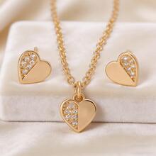 一套不锈钢链镶钻心形吊坠项链和耳环，时尚奢华设计珠宝套装，百搭优雅项链耳环首饰礼品 - 金色 - 查看 8