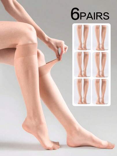 6 Pairs Women's 15D Silk Stockings, Apricot Color Anti-Snag Core Silk Mid-Calf Socks, Sexy Ultra-Thin Transparent Versatile Knee-High Socks