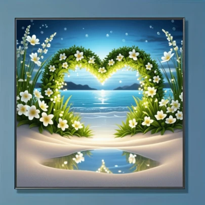 1pc New Heart-Shaped Green Flower & Ocean Themed 5D Diamond Painting Kit, DIY Crystal Diamond Mosaic Artwork, Suitable For Handicraft Gifts, Living Room/Bedroom Decor, Applicable For Eid Al-Adha, Father's Day, Mother's Day, Wedding, Labor Day, Easter, Christmas, Valentine's Day, Frameless