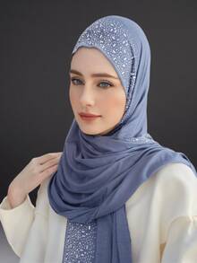 1pc Women's Popular Crystal Solid Color Knitted Headscarf Shawl, Soft Hijab Scarf, Casual Long Scarf - A - View 32