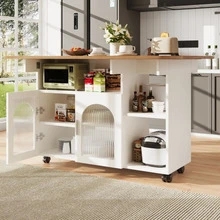 Kitchen Island, Modern Kitchen Island, Cabinets, Removable Serving Cart, Sideboard, Wood-Effect Serving Cart, Buffet, Multifunctional Table With Storage Space, White - White - View 9