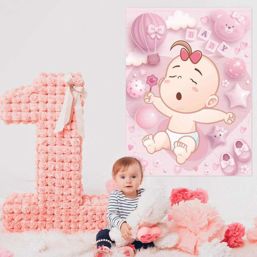 可爱的粉色婴儿派对游戏——给宝宝贴奶嘴海报套装，包含贴纸和眼罩，适合女宝宝生日派对 - 彩色 - 查看 1
