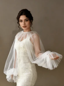 1pc Plus Size Solid Sheer Poncho Sleeve Shawl, Suitable For Wedding, Party Dress, Beach Vacation Pullover Top - Multicolor - View 7
