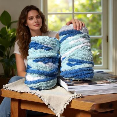 1包冰棒色粗毛线，多色雪尼尔毛线，适合手工编织；蓬松柔软超粗毛线，适合钩编；超粗毛线，适合手臂编织；拇指毛线，适合DIY毯子、宠物床、地毯、枕头和其他家居装饰品（17.64盎司/500克）