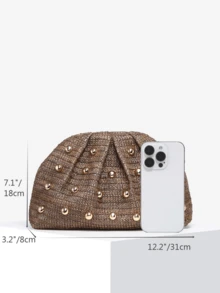 1 pieza Bolso de mano plegable de mujer con estilo de vacaciones en la playa, decoración de remaches, retro, minimalista, adecuado para uso diario, playa, fiesta, vacaciones - Café - Ver 3