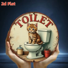 2D平面设计“猫咪厕所标志” | 可爱的宠物礼仪海报，带有爪印和猫砂盆插图，趣味墙面装饰圆形牌匾，适合室内/室外悬挂 - 8英寸，2D平面设计，预钻孔，尺寸如图所示 - 多色 - 查看 3