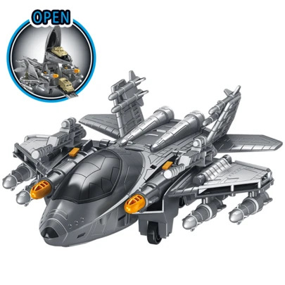 Conjunto de Avião de Batalha Transformável Infantil, Avião com Transformação Manual que Pode Armazenar Miniaturas de Carros e Lançar Mísseis, Presente Perfeito para Aniversário, Natal e Dia das Crianças.