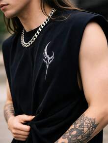 Camiseta de tirantes con estampado de calavera y cuernos gótico oscuro para hombres, camisa sin mangas de estilo punk callejero, ajuste regular de chaleco musculoso - Negro - Ver 4