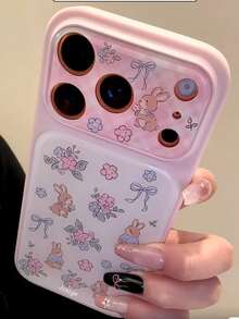 Funda de teléfono suave con patrón de conejo y flores de dibujos animados compatible con iPhone 17 Pro Max, 17 Pro, 17, 16 Pro Max, 16 Pro, 16, 15 Pro Max, 15 Pro, 15, 14 Pro Max, 14 Pro, 14 - Conejo floral rosa - Ver 4