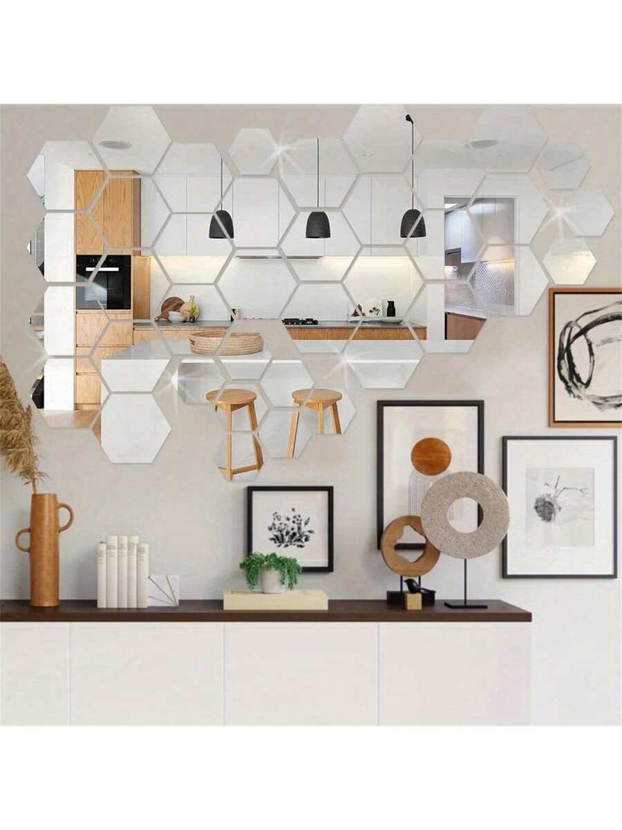 48 Pieces Of Hexagonal Acrylic Mirror Wall Decals, Removable Decorative Mirrors, Self-Adhesive Hexagonal Art Ornaments, Home Decor Stickers, Wall Stickers, Vinyl Decals, Spring Decorations, Freshen Up Your Home, Rama Decorative Sticker Gifts, Birthday Graduation Wall Decor, Room Decorations, Wall Mirrors, Bathroom Decor, Living Room Decor - 1cm - View 1