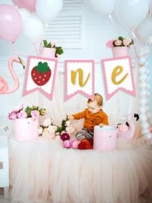 1 pièce Drapeau d'anniversaire de la première année du bébé avec décoration de garçon et fille aux fraises, convient pour les fêtes de bébé, les baby showers - Multicolore - Voir 2