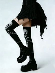 1双女士哥特骷髅荆棘印花过膝袜，Y2K甜美性感大腿袜，街头风长袜，适合JK洛丽塔角色扮演 - 彩色 - 查看 2