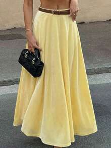 Elegant Knitted Long Flared Skirt, Women's Fashion Party Outfit, Medium Stretch Spring - Yellow - View 2