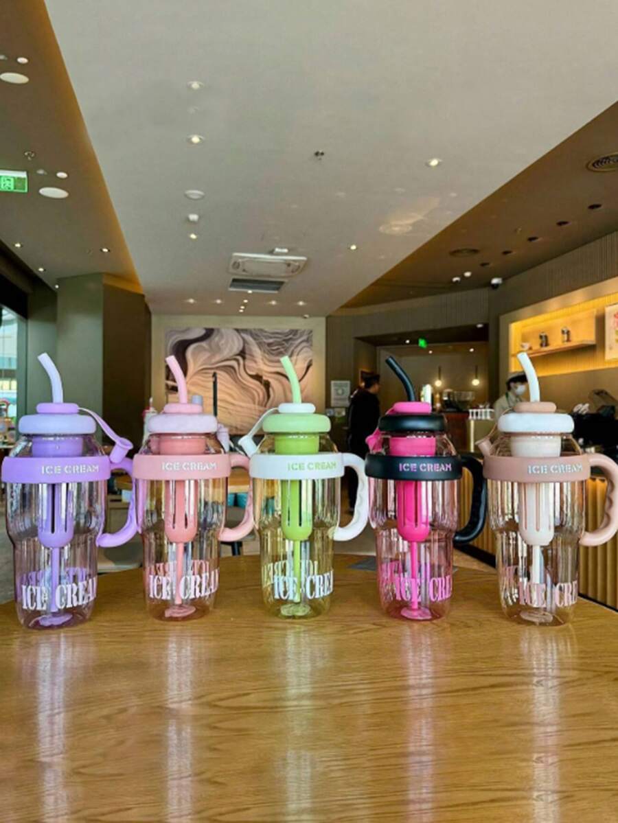 1pc New Luxury High Capacity Ice Cup, Lucky Belly Cup, Cute Straw Cup, 1100ml - Multicolor - View 1
