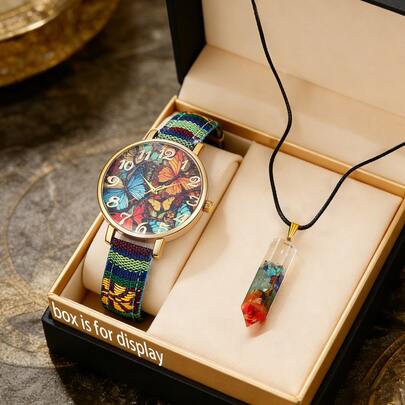 Đồng hồ nữ phong cách Bohemian mặt số hình bướm nhiều màu sắc và dây đeo dệt kèm dây chuyền nhiều màu, quà tặng cho bạn gái/bạn thân.