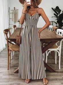 Bộ áo liền quần không tay kẻ sọc dành cho nữ, chất liệu polyester, ống rộng, thiết kế nơ phía sau, thời trang cho mùa hè. - màu nâu - Xem 1