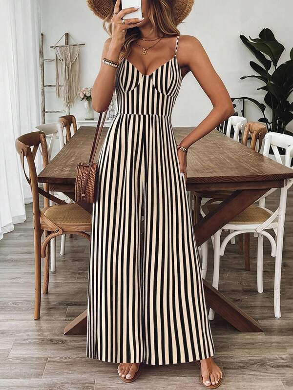 Damen gestreifter ärmelloser Jumpsuit, Polyester Weites Bein mit Schleifendesign hinten, modisch für den Sommerurlaub