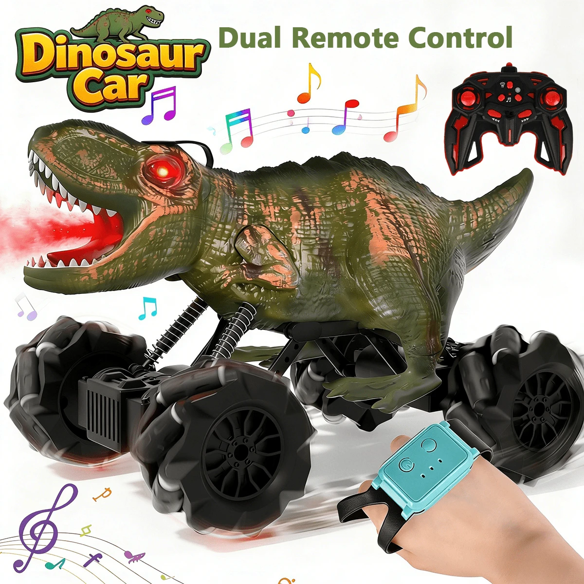 Remote Control Dinosaur, 2.4 Ghz 4WD RC Dinotrux Toys, Remote Control Car With Lights, Sound Effects And Water Spray Function, Perfect Dinosaur Party Favors Birthday Gifts 6-12