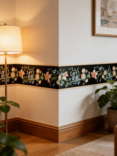 Nouveaux autocollants de taille à motif floral sur fond noir de style chinois. Décoration pour le coin du salon, la chambre à coucher et le plinthes. Autocollants muraux imperméables.