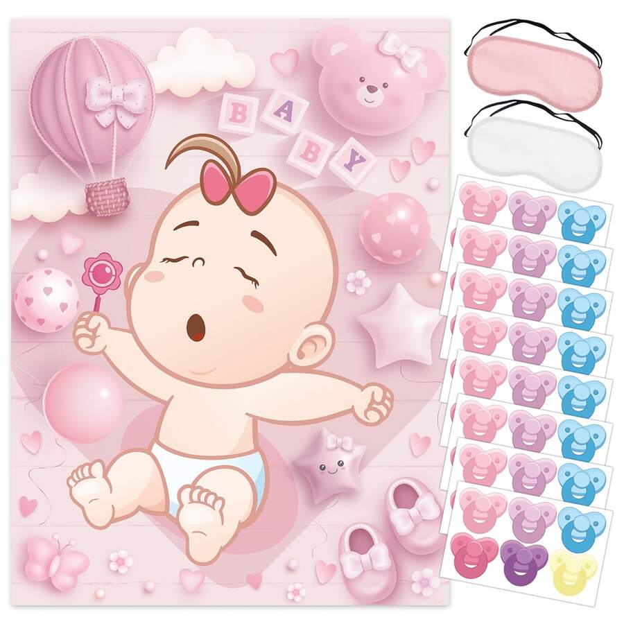 Cute Pink Baby Shower Game - Pin The Pacifier On The Baby Poster Set With Stickers & Blindfold For Baby Girl Birthday Party - Multicolor - View 1