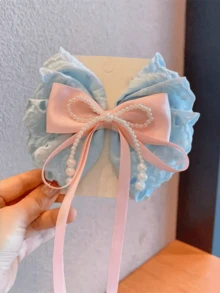 1 buah Jepit Rambut Anak Perempuan Elegan & Manis dengan Hiasan Pita Renda dan Mutiara - Baby Blue - View 6