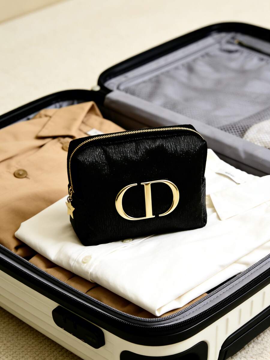 Dior High-End Fashion Black Glossy Gold Logo Velvet Cosmetic Bag - Black - View 1