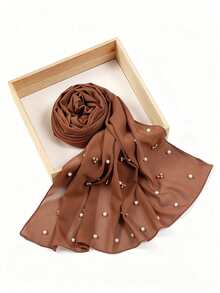 1pc Women's Solid Color Chiffon Long Scarf With Pearl Decor Chiffon Headscarf - Coffee - View 12