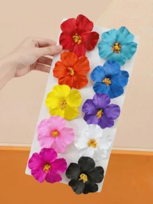 10个夏威夷风情芙蓉花发夹，色彩缤纷的人造热带花卉发饰，适合女性/女孩海滩派对夏季度假佩戴 - 彩色 - 查看 3